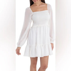 1 State Smocked Bodice Ruffle Hem Long Sleeve Mini Dress NWOT XL White Boho
